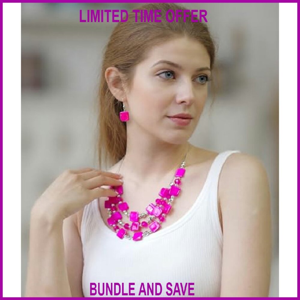 Shell Bead Statement Necklace Earring Set Triple … - image 5